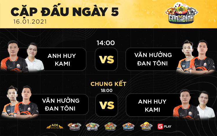 AoE Cơm Gia Đình 4 ngày 5: Team Kami - Anh Huy và Đan Toni - Văn Hưởng hẹn nhau ở trận chung kết tổng