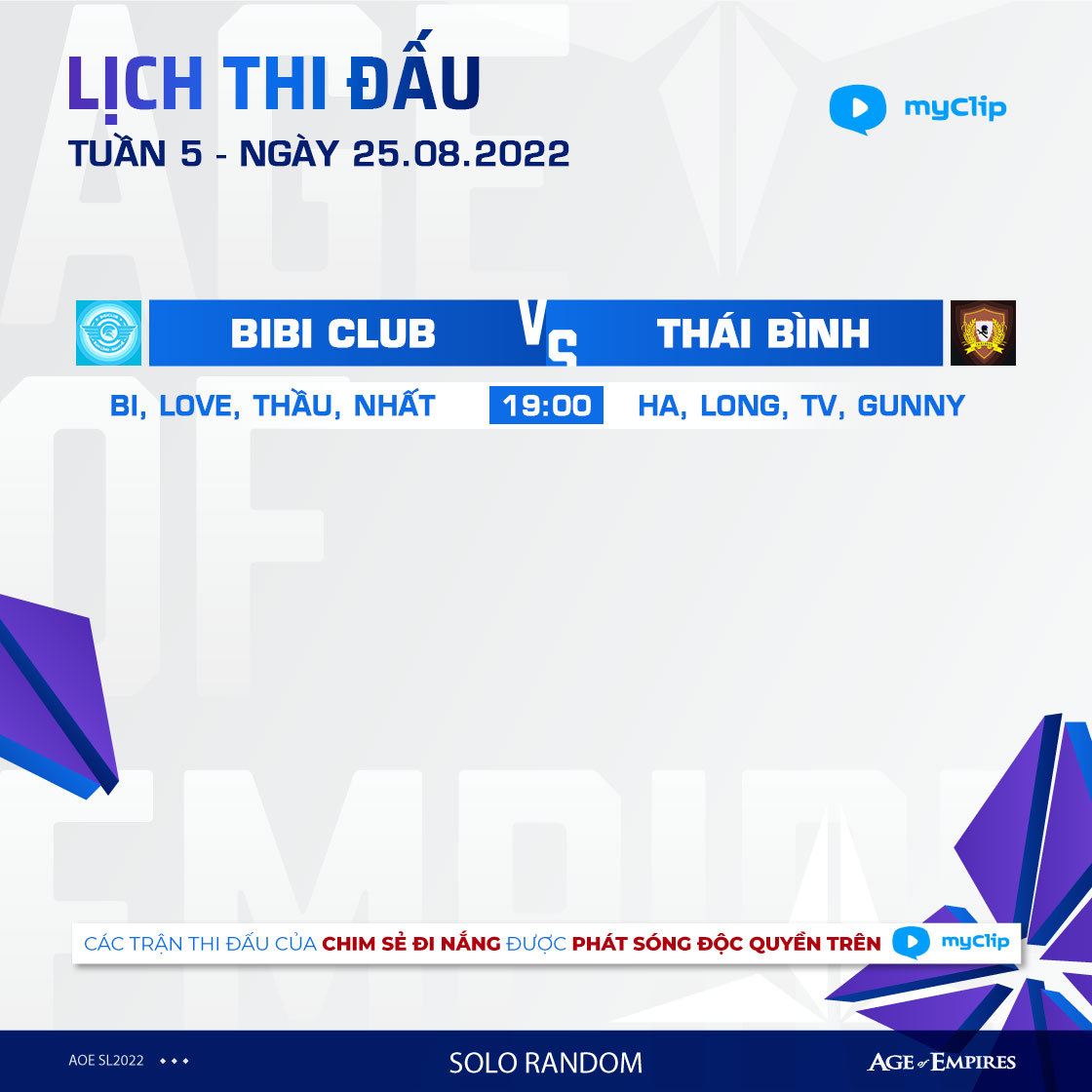 Lịch thi đấu ngày 2 Tuần 5 AoE Star League: Thái Bình đối đầu BiBi Club