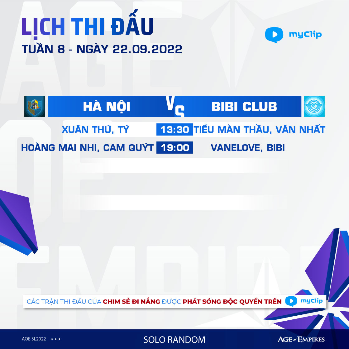 Lịch thi đấu ngày 2 Tuần 8 AoE Star League: Hà Nội đấu BiBi Club 2vs2 Random