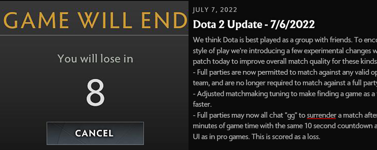 Sau 11 năm, Dota 2 cuối cùng cũng cho phép người chơi được đầu hàng khi bay Rank
